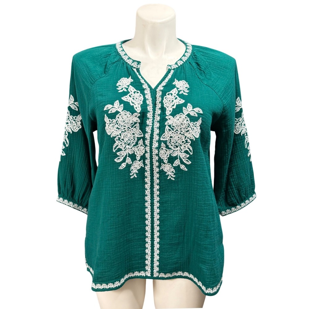 Soft Surroundings Green Embroidered Cotton Gauze Blouse PM Boho Top